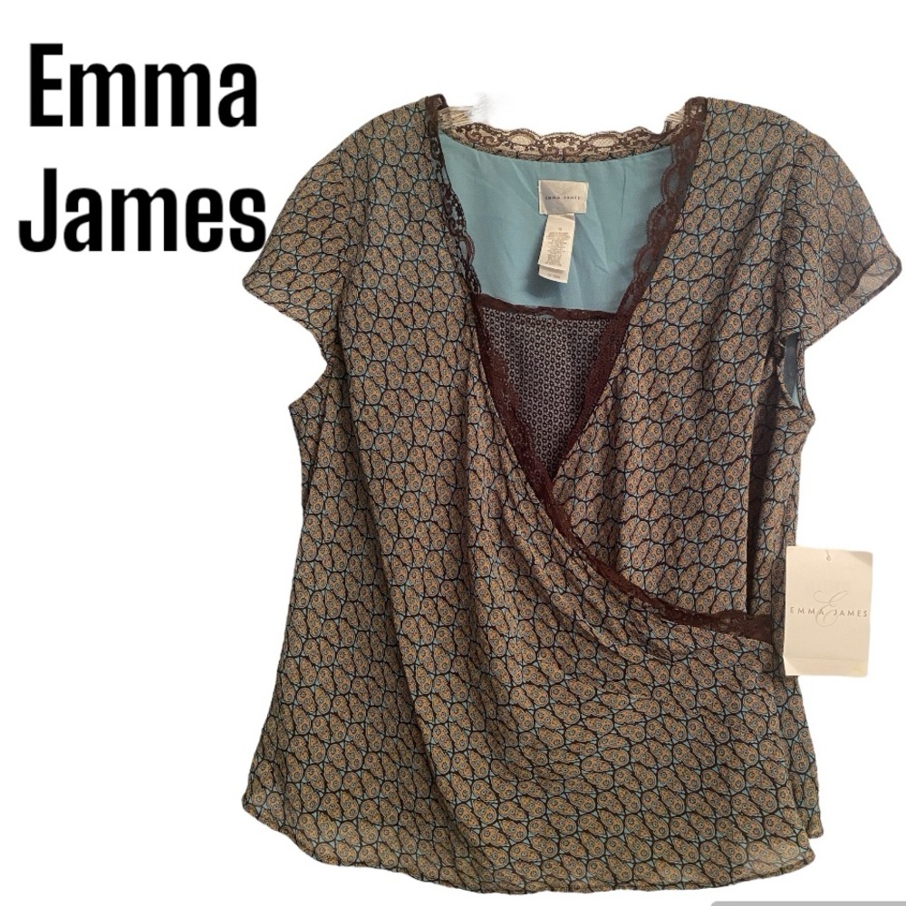 Emma James Brown Turquoise Crossover Top sz 12 NWT